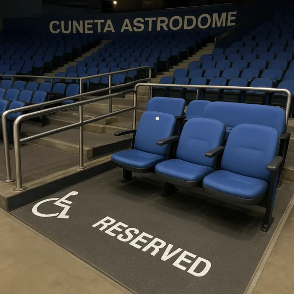 Interior PWD seating zone with safety railings and signage