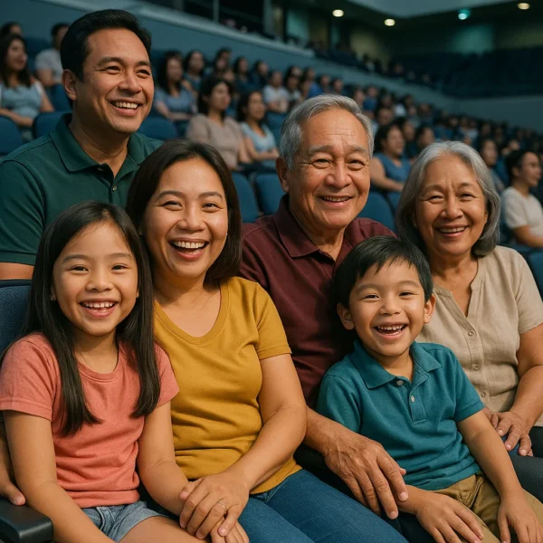 Filipino family enjoying comfort and safety in air-conditioned seating at Cuneta Astrodome.