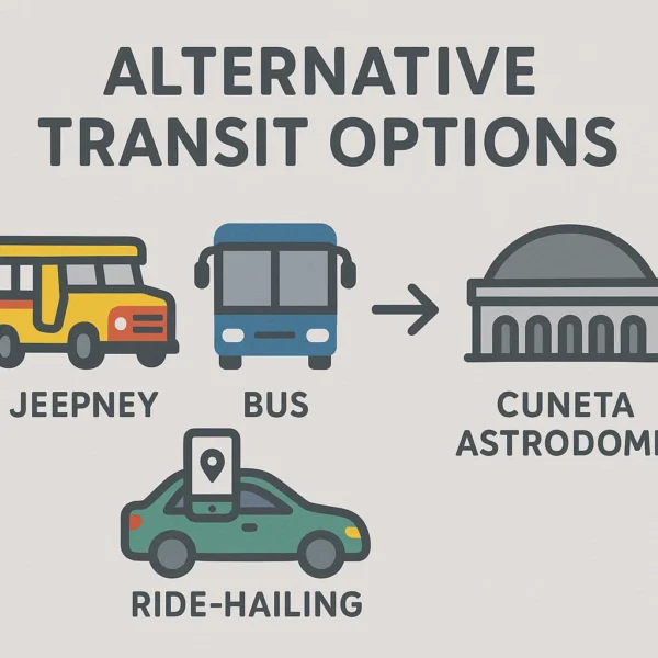 Icons and infographic showing alternative transit options like jeepney, bus, and ride-hailing to Cuneta Astrodome.