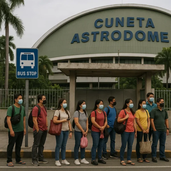 Commuters waiting at a bus stop near Cuneta Astrodome