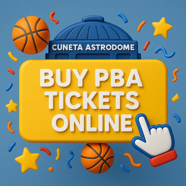 A digital illustration of a 'Buy PBA Tickets Online' button with a basketball theme