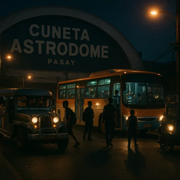 Nighttime view of public transport vehicles and commuters near Cuneta Astrodome in Pasay