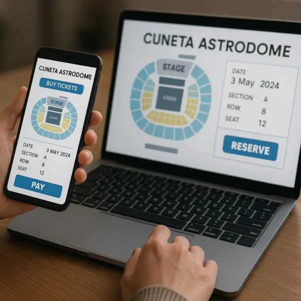 Booking Cuneta Astrodome tickets online using a smartphone and laptop