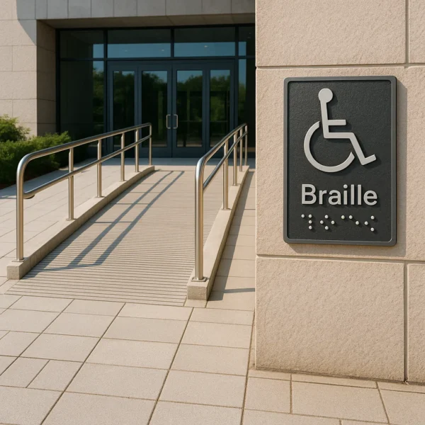 Wide wheelchair ramp and braille signage at main gate