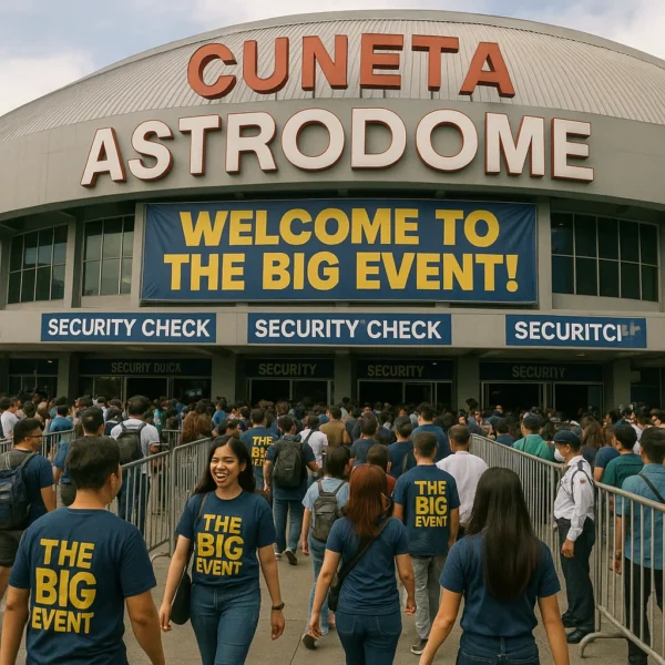 Crowd entering Cuneta Astrodome for a major event, lively entrance with signage and security