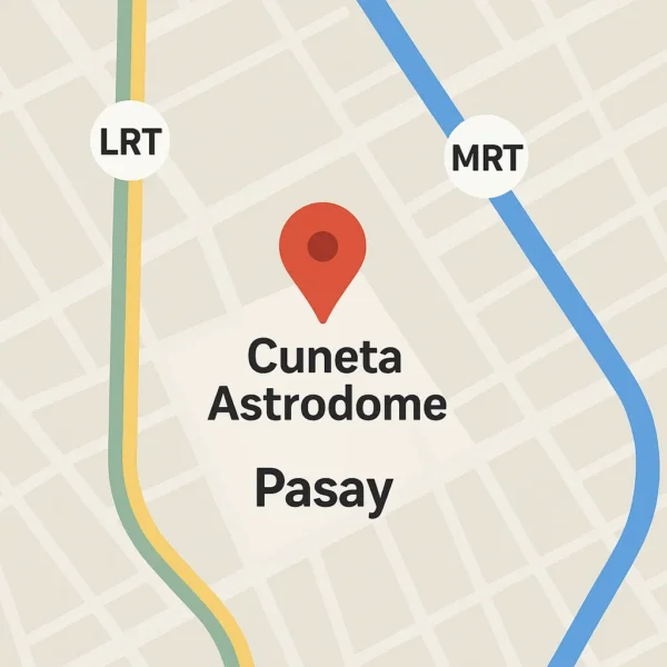 Map showing the location of Cuneta Astrodome and the nearest MRT and LRT stations in Pasay.