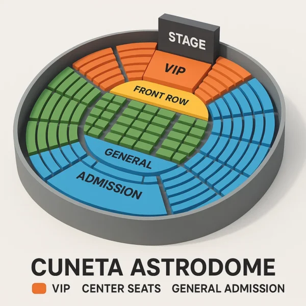 Cuneta Astrodome seating layout map highlighting VIP, front row, center, and general admission sections