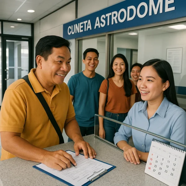 A group organizer talking with Cuneta Astrodome staff at a ticket counter, filling out forms and discussing group reservation details.