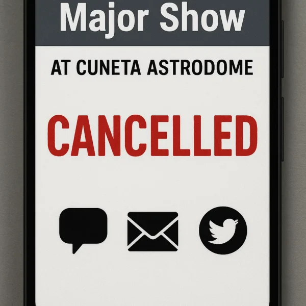 Mobile phone showing event cancelled notice for Cuneta Astrodome