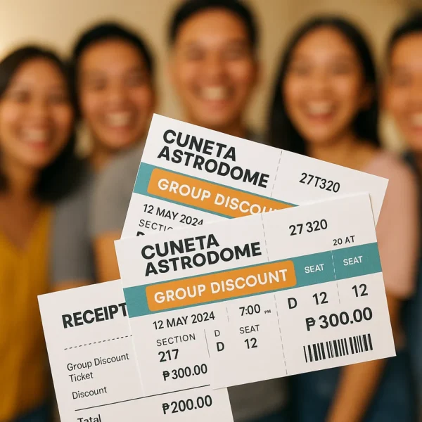 Close-up of discounted group tickets and payment receipt for a bulk reservation at Cuneta Astrodome, with happy people in the background.