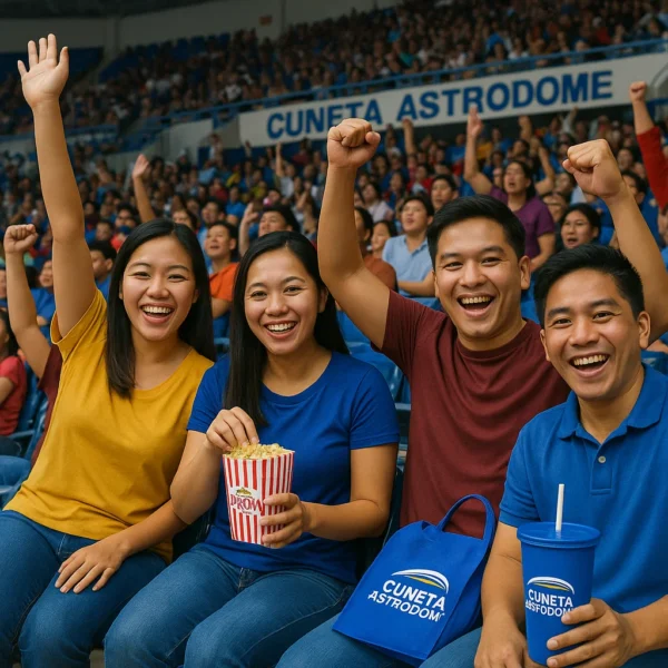 Group of colleagues and friends cheering and enjoying a live event at Cuneta Astrodome, showing team spirit and fun perks.