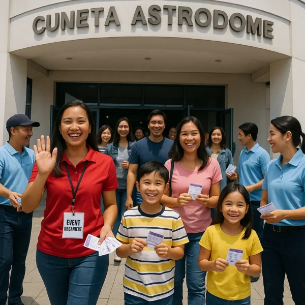 A large group entering Cuneta Astrodome smoothly, led by an organizer, with staff assisting and everyone looking happy and organized.