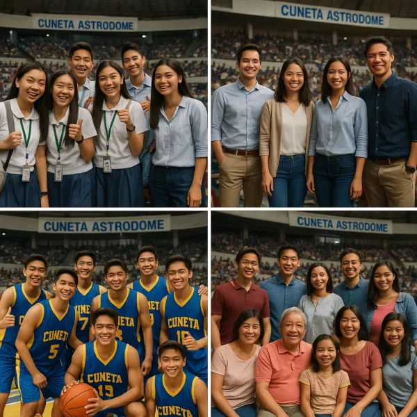 Collage of different groups—students, corporate teams, sports clubs, families—gathered at Cuneta Astrodome for various events.