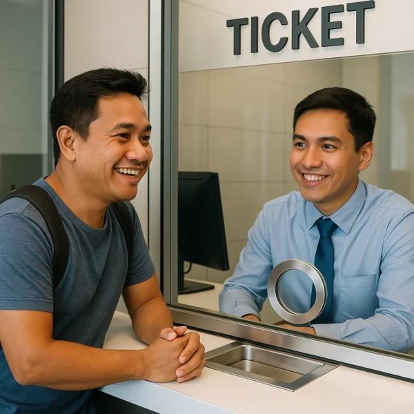 Filipino customer asking about ticket refund at Cuneta Astrodome ticket counter