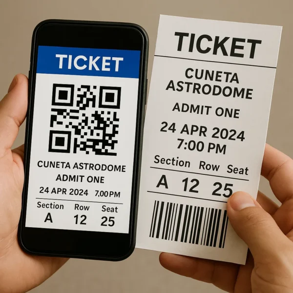 Person holding digital and paper tickets for an event at Cuneta Astrodome