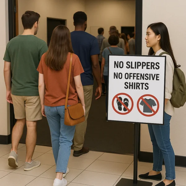 Visitors in proper attire and dress code signage at venue