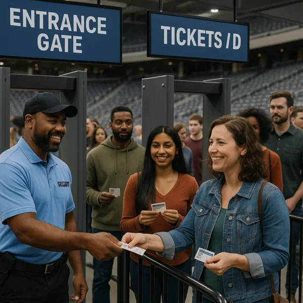 Security staff checking tickets and IDs at arena entrance