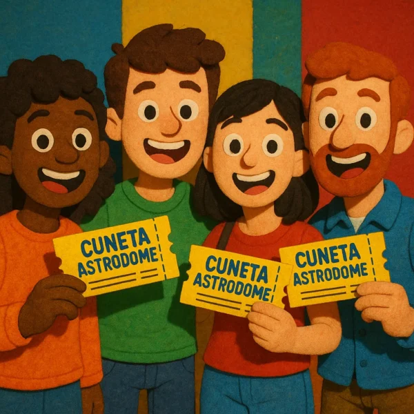 Group of friends happily holding Cuneta Astrodome tickets, ready for an event