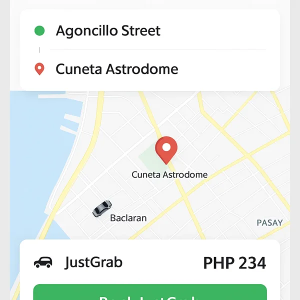 Screenshot of booking a Grab ride to Cuneta Astrodome using the Grab app