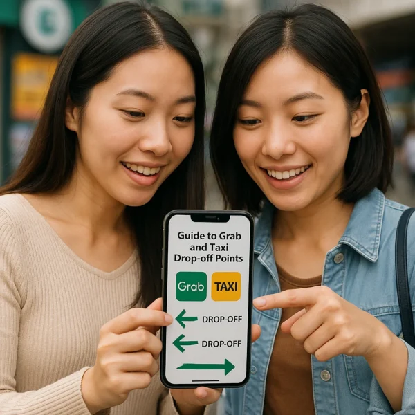 Friends sharing a guide to Grab and taxi drop-off points on their smartphones