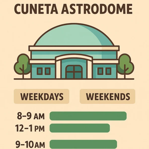 Infographic highlighting the best times to travel to Cuneta Astrodome on weekdays and weekends