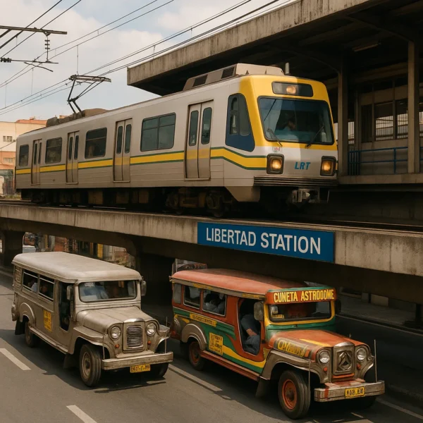 LRT-1 train and local jeepneys near Libertad Station, offering easy access to Cuneta Astrodome