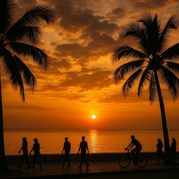 Manila Baywalk sunset with people enjoying the seaside in Pasay