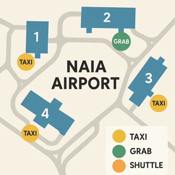 Map of NAIA Airport terminals with labeled pick-up points for taxis, Grab, and shuttles.
