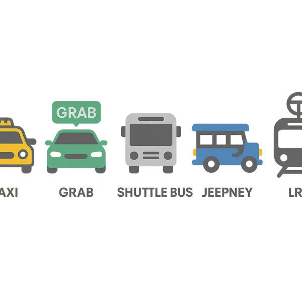 Icons representing taxi, Grab, shuttle bus, jeepney, and LRT public transport options from NAIA to Cuneta Astrodome.