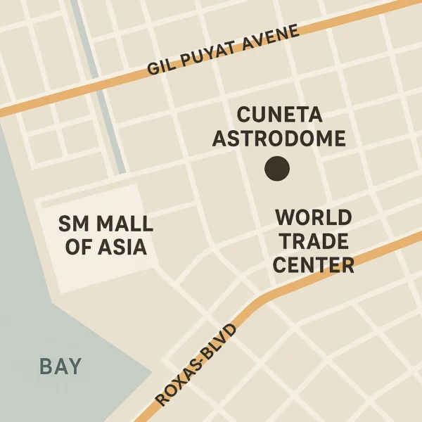 Map showing nearby landmarks like SM Mall of Asia and World Trade Center near Cuneta Astrodome
