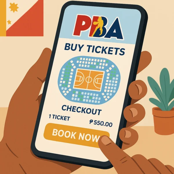 Screenshot-style illustration of booking PBA tickets online via a mobile phone