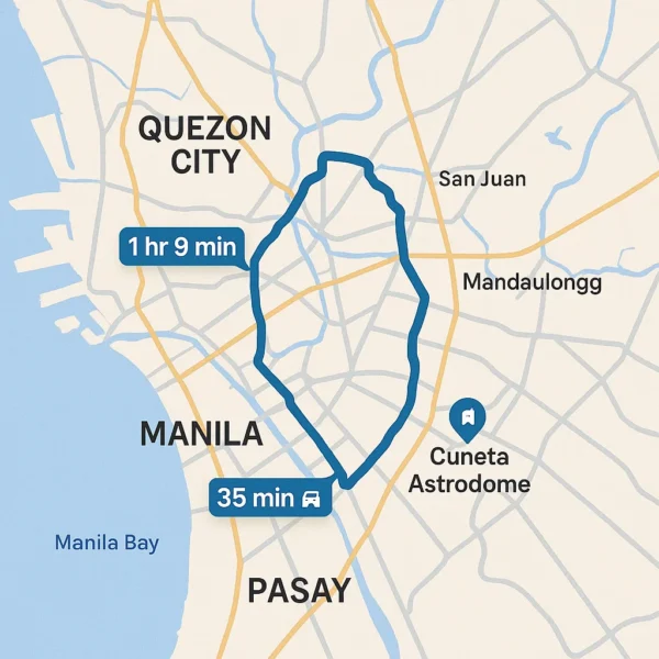 Driving routes map from Quezon City and Manila to Cuneta Astrodome