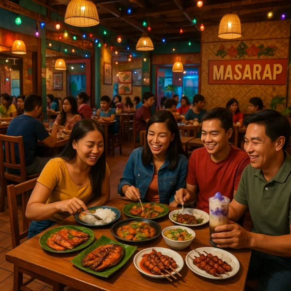 Local Filipino dishes and diners at a restaurant near Cuneta Astrodome