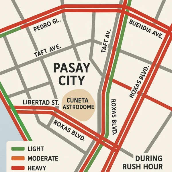 Traffic congestion map of Pasay City showing key roads around Cuneta Astrodome during rush hour