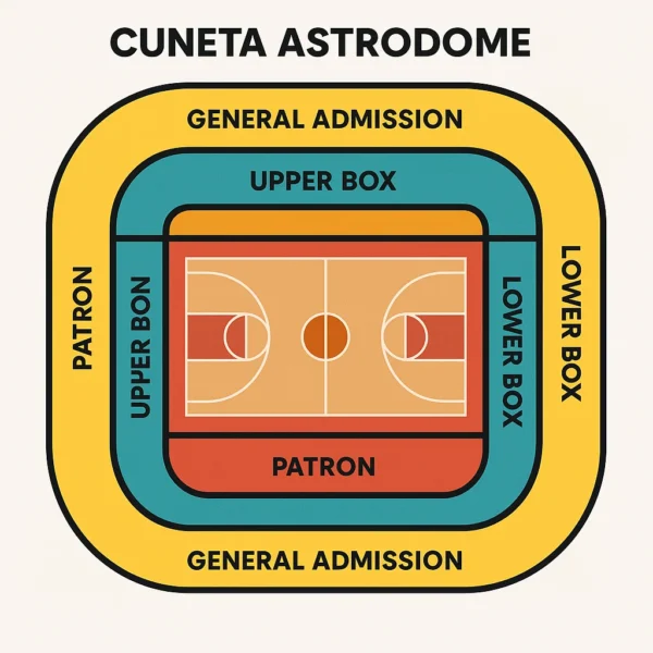 Seating map layout of Cuneta Astrodome highlighting Patron, Lower Box, Upper Box, and General Admission