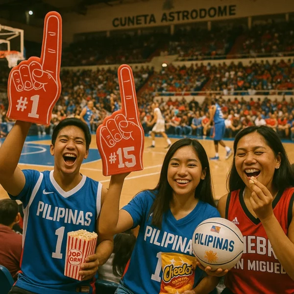 Fans enjoying live PBA basketball action inside Cuneta Astrodome with snacks and team merchandise