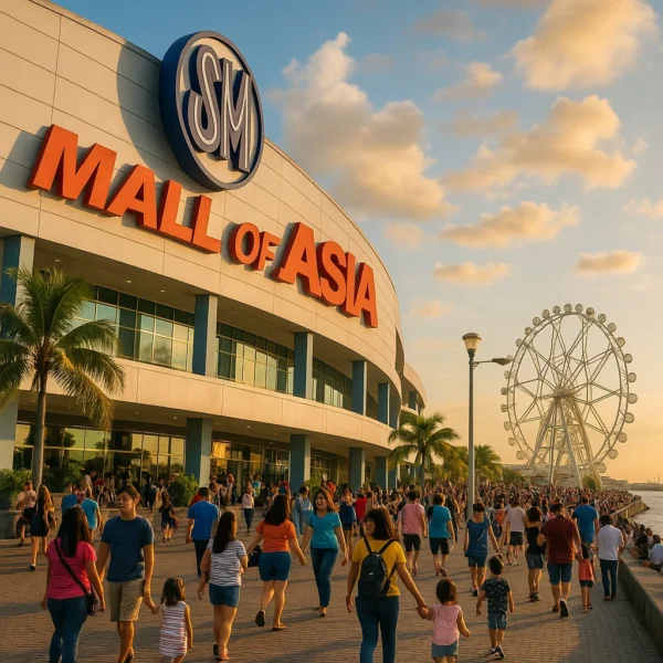 Front view of SM Mall of Asia with the MOA Eye and visitors in Pasay