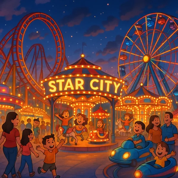 Star City amusement park with bright rides and families in Pasay