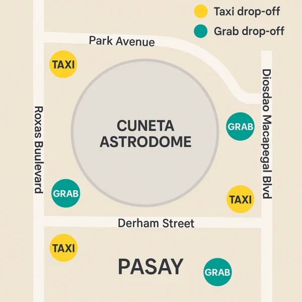 Map showing taxi and Grab drop-off points around Cuneta Astrodome, Pasay