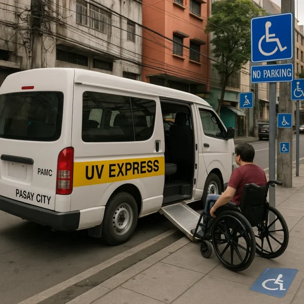 UV Express van in Pasay with extended wheelchair ramp during daytime