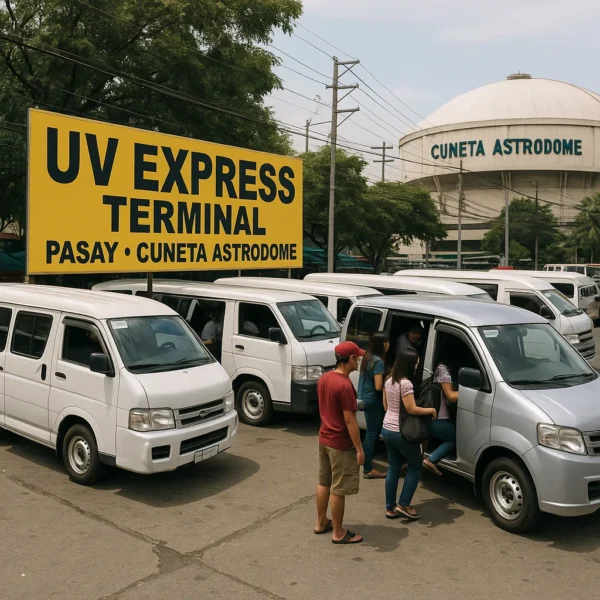 UV Express terminal with FX vans loading passengers in Pasay, close to Cuneta Astrodome