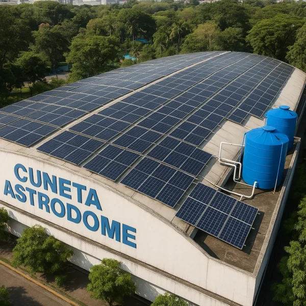 Rooftop of Cuneta Astrodome showing solar panel installation and sustainability upgrades