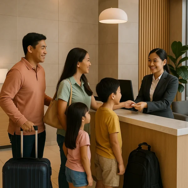 Family checking in at a hotel reception near Cuneta Astrodome