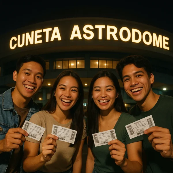 Group of friends holding tickets outside Cuneta Astrodome at night
