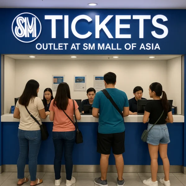 SM Tickets outlet at SM Mall of Asia with customers buying event tickets